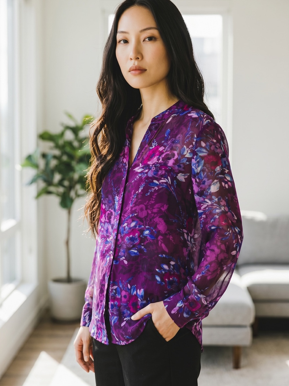 Kut from the Kloth Magenta Sheer Floral Button-Front Top